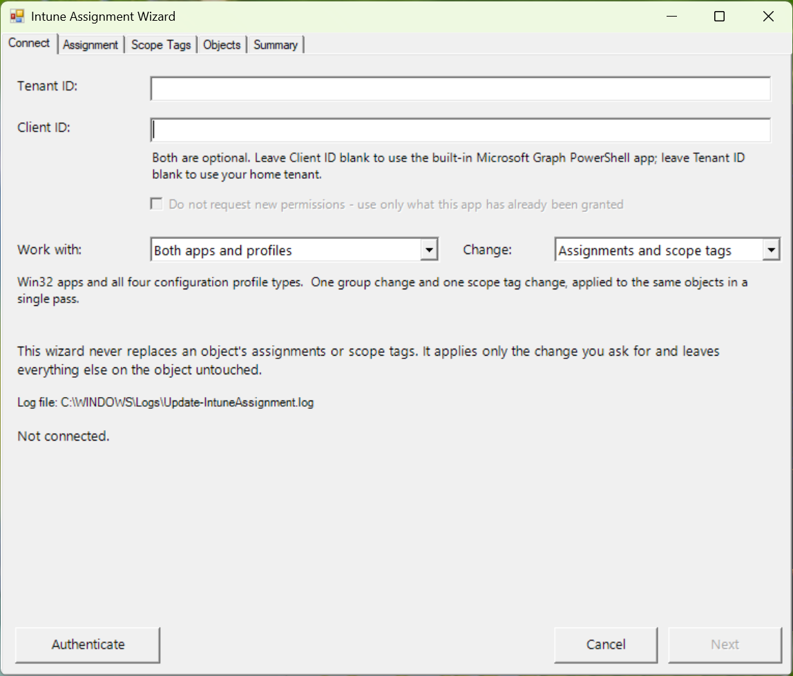 The Connect tab, where you choose what to work with, what to change, and sign in to Microsoft Graph