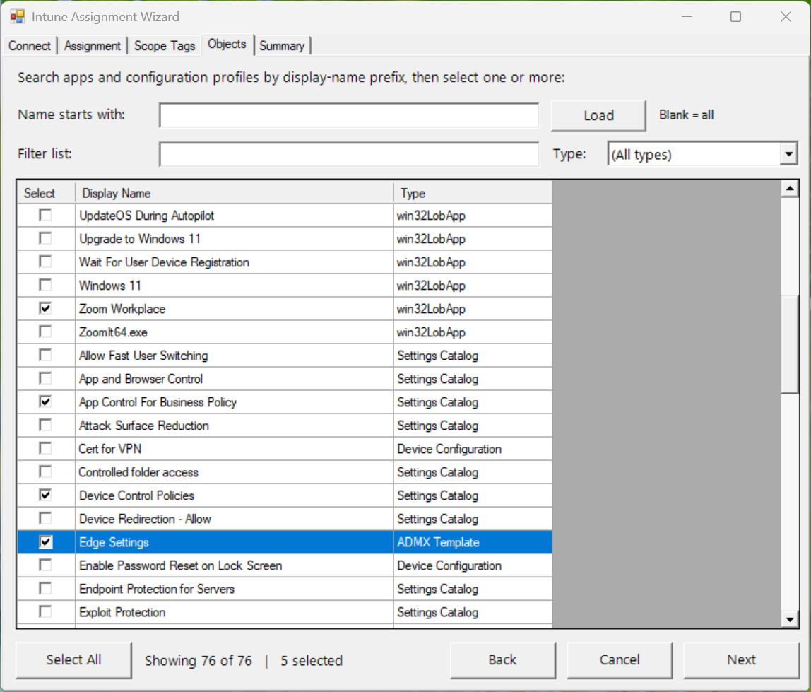 The Objects tab, multi-selecting the apps and profiles to change