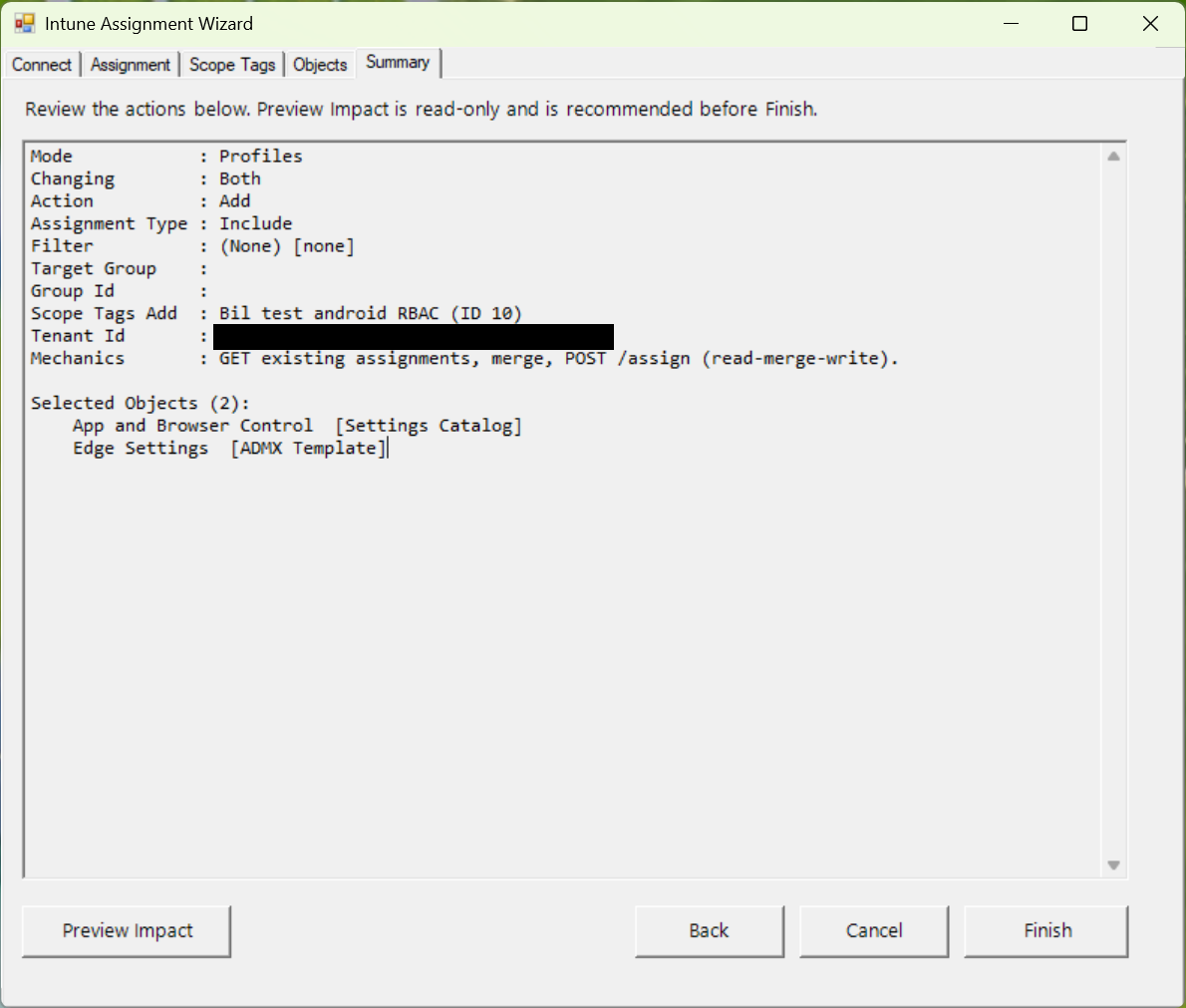 The Summary tab, reviewing the run before Finish, with a read-only Preview Impact
