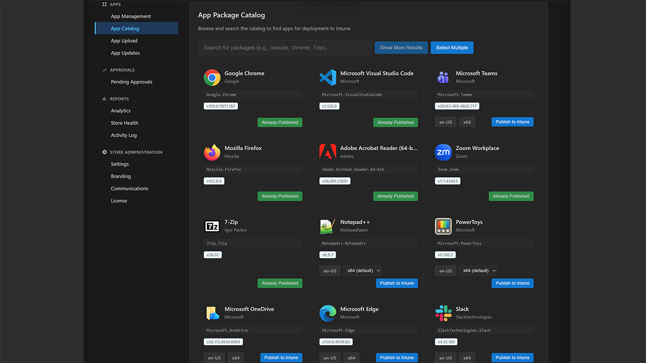 App Store for Intune app catalog showing available applications end users can request