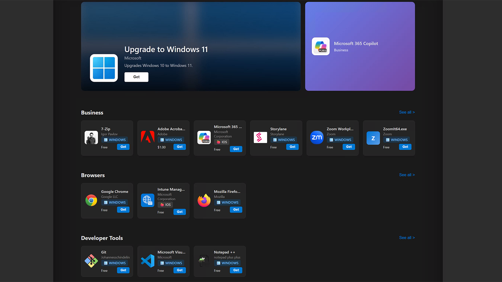 App Store for Intune end-user app store showing the self-service application catalog